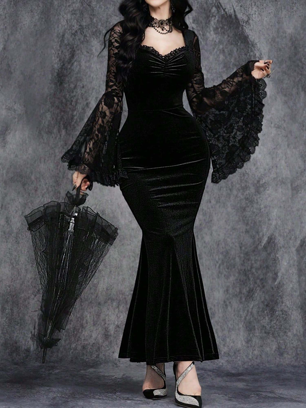 Halloween Gothic Lace Patchwork Waist Bell Sleeve Dress