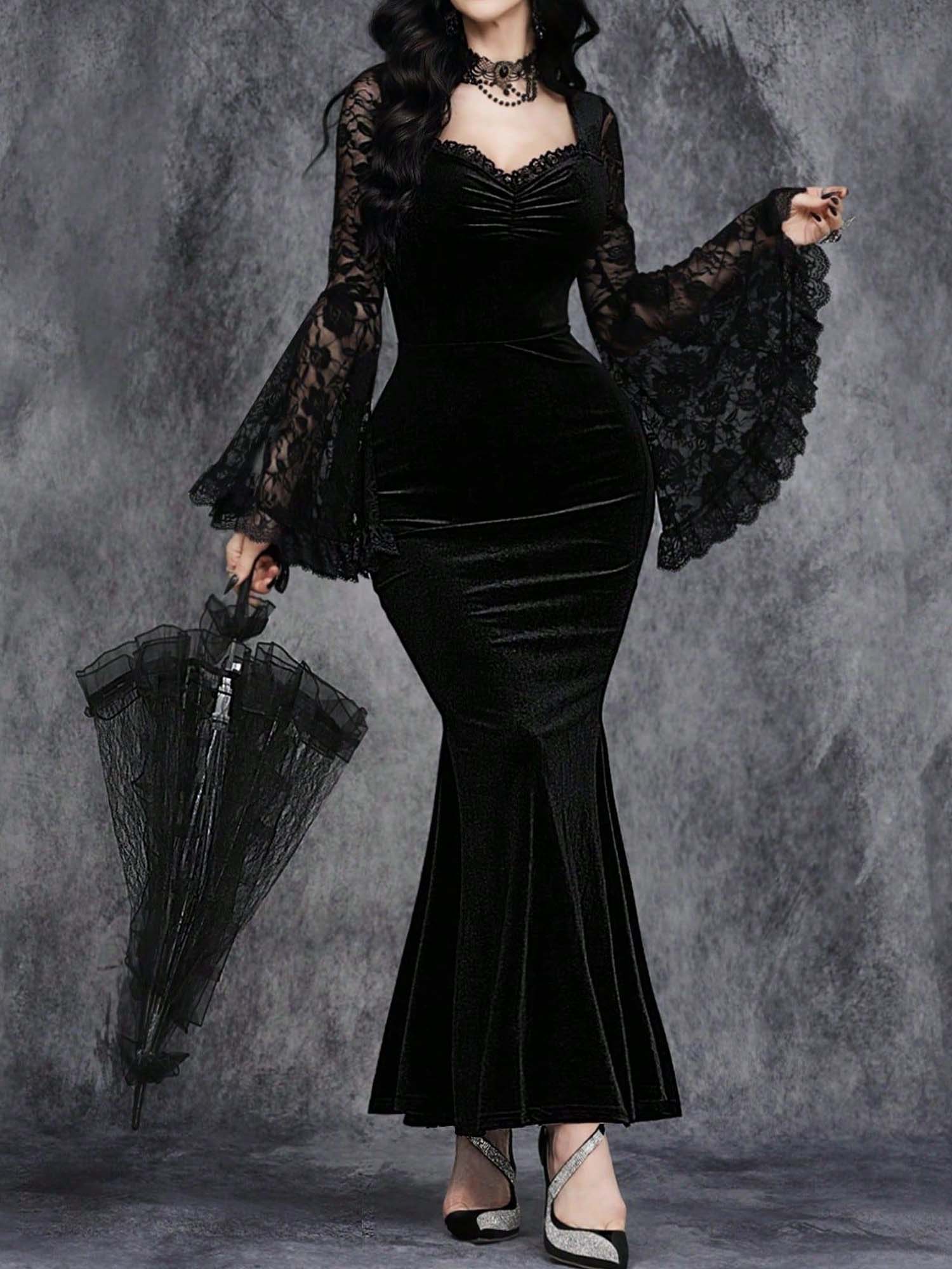 Halloween Gothic Lace Patchwork Waist Bell Sleeve Dress