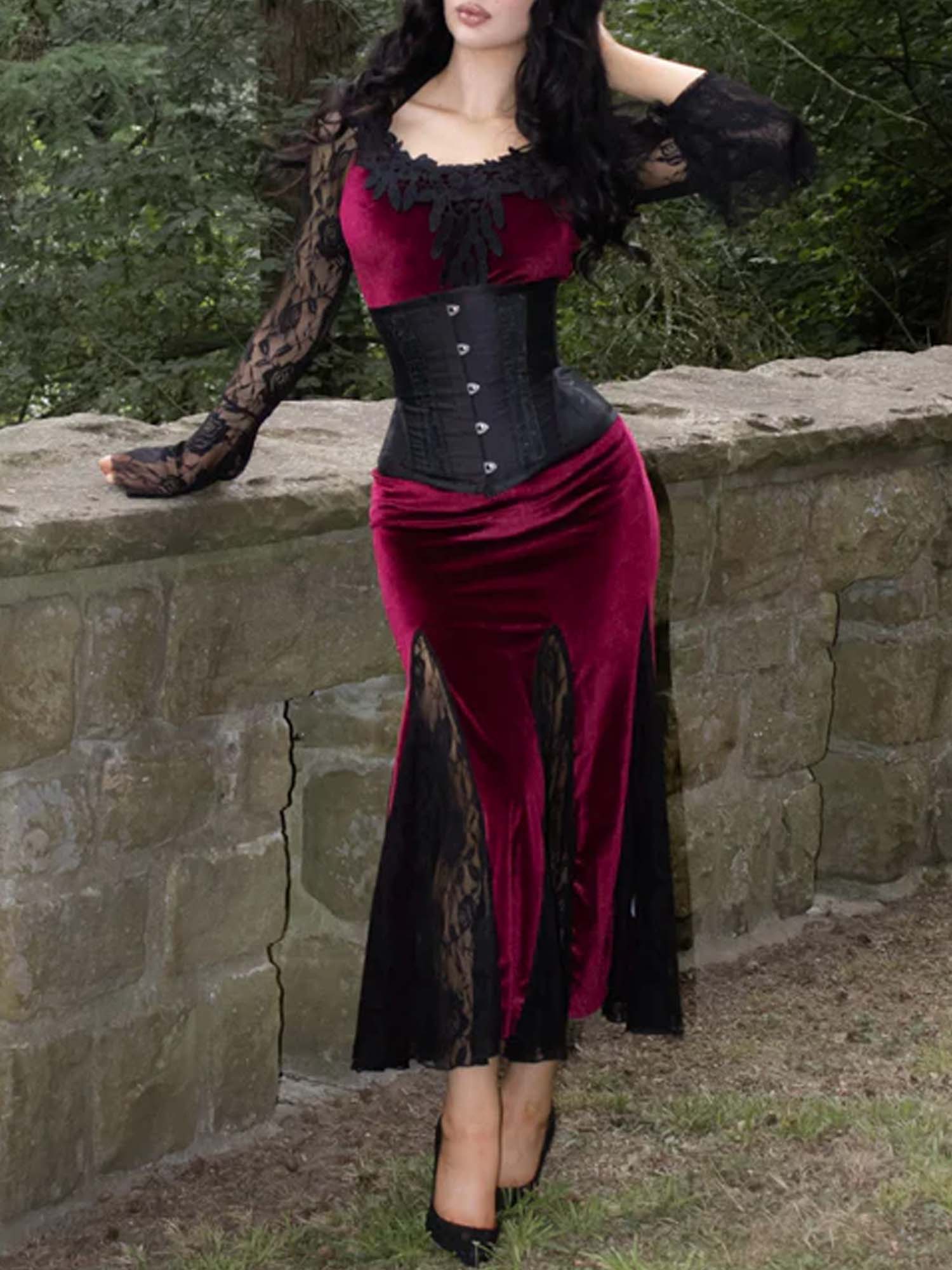 Dark Gothic Lace Fishtail Long Sleeve Dress