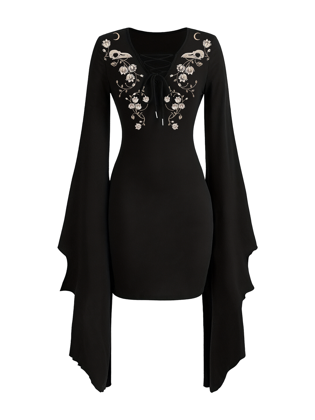 Crow Skull And FLower Print Batwing Dress