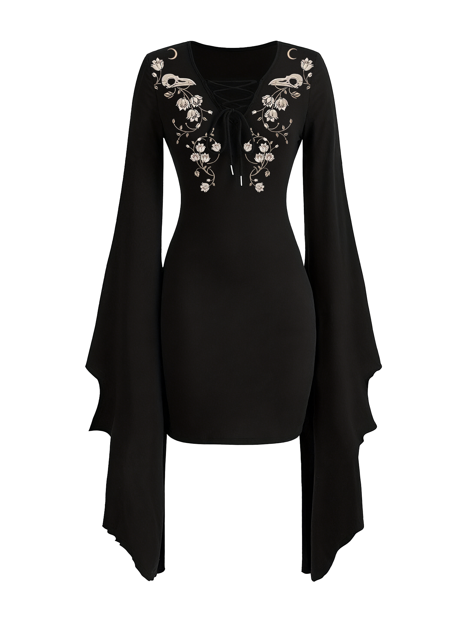 Crow Skull And FLower Print Batwing Dress