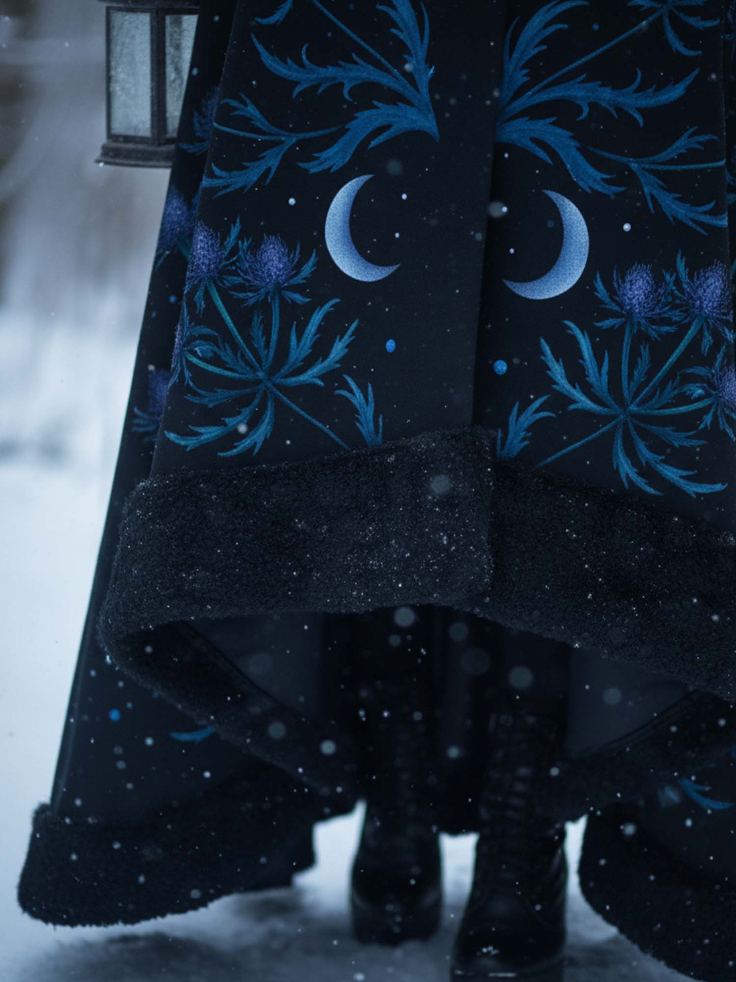 Vintage Floral And Moon Print Gothic Vintage Fur Collar Single-Breasted Lace-Up Coat