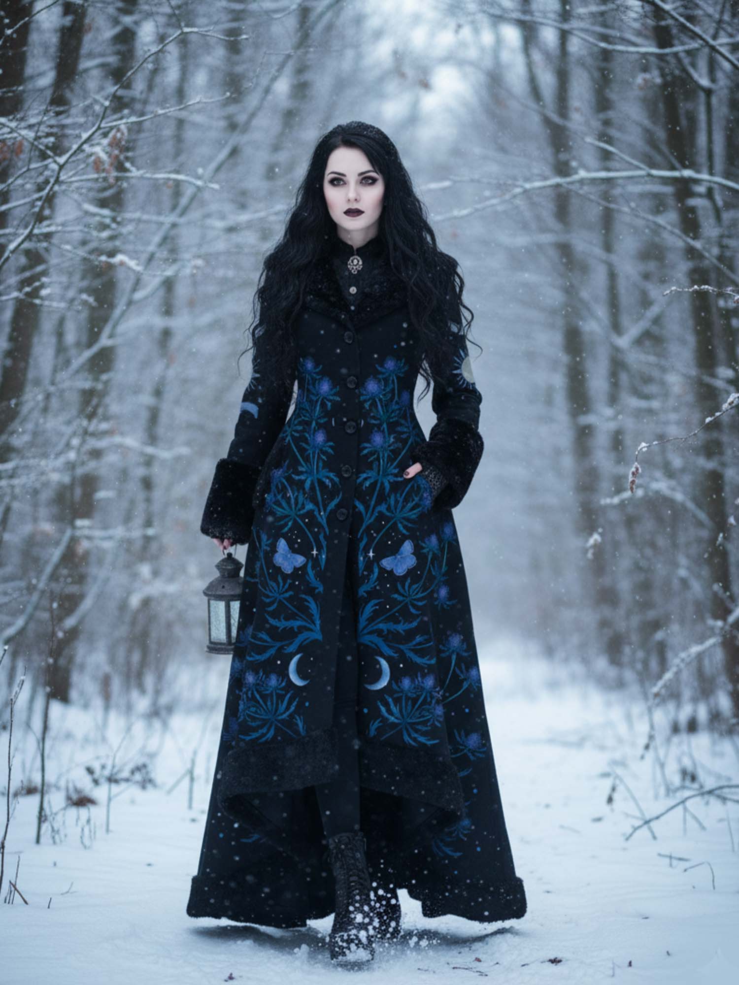 Vintage Floral And Moon Print Gothic Vintage Fur Collar Single-Breasted Lace-Up Coat