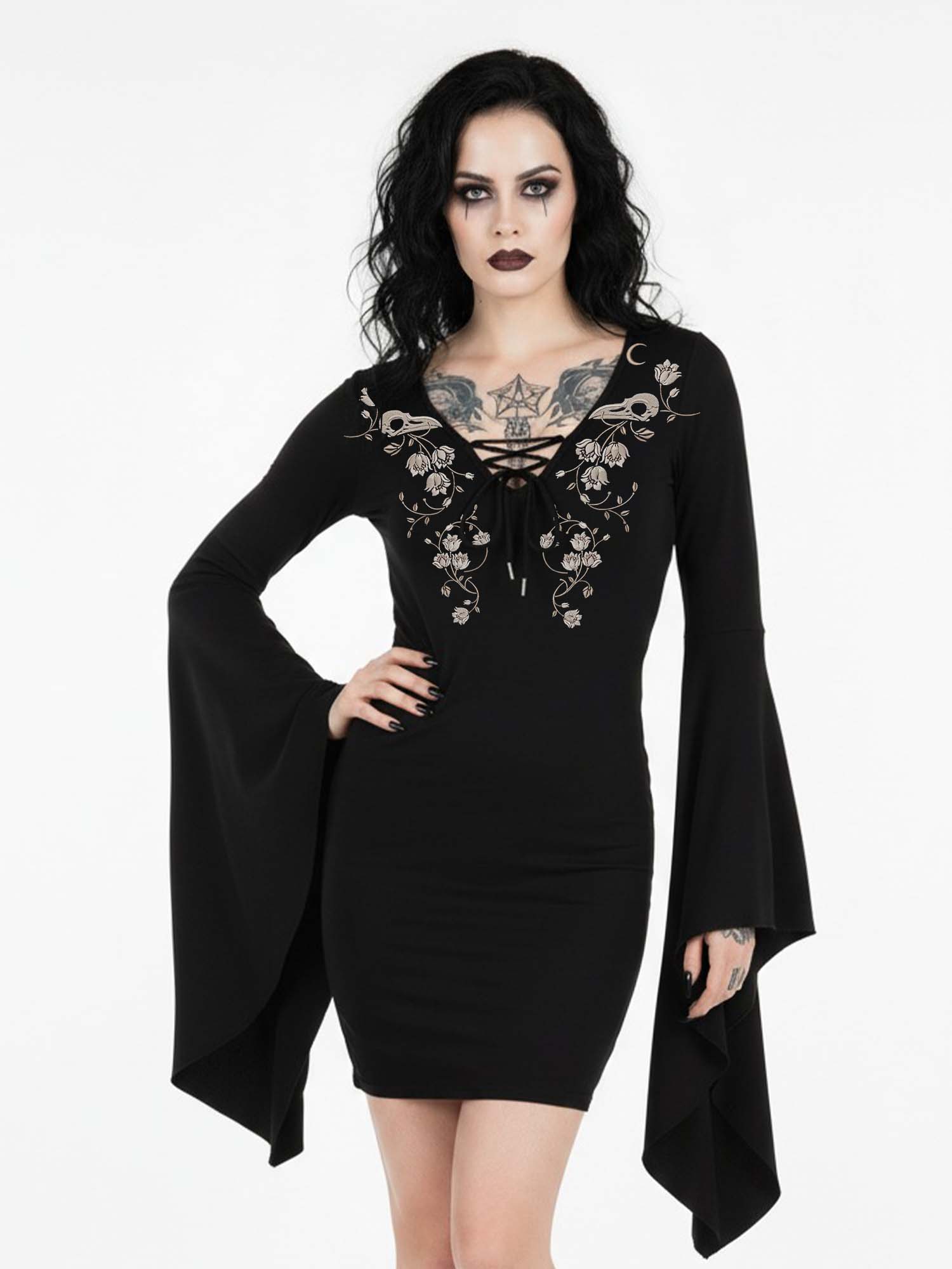 Crow Skull And FLower Print Batwing Dress