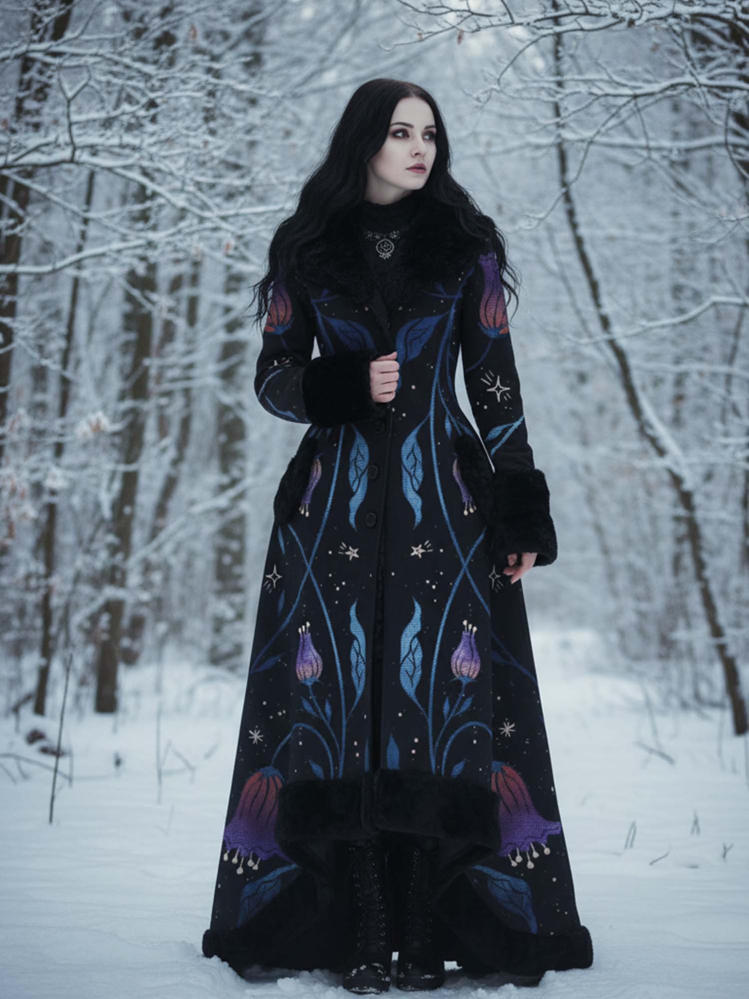 Vintage Floral Print Gothic Vintage Fur Collar Single-Breasted Lace-Up Coat