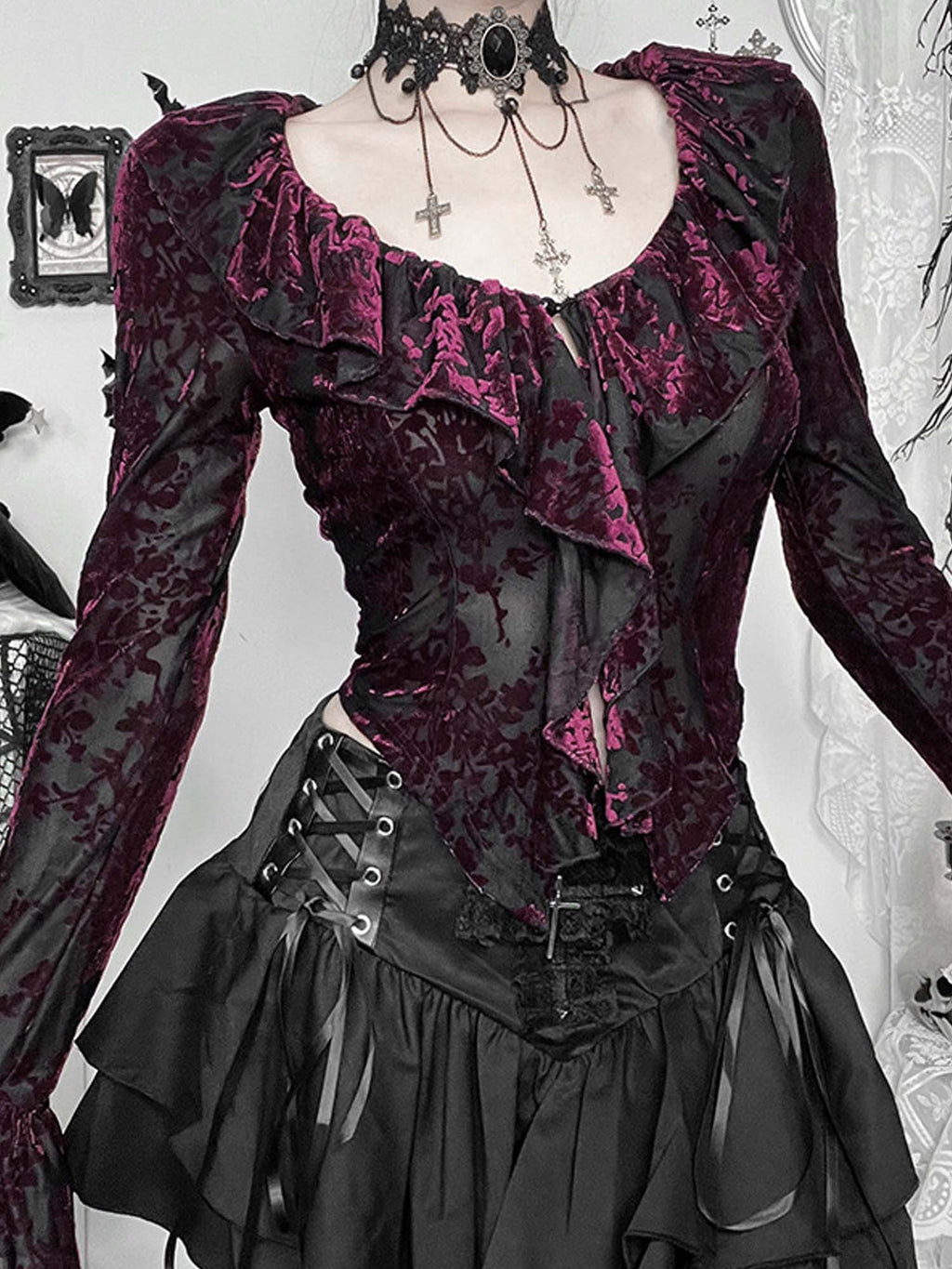 Gothic Ruffled V-Neck Long-Sleeved Top