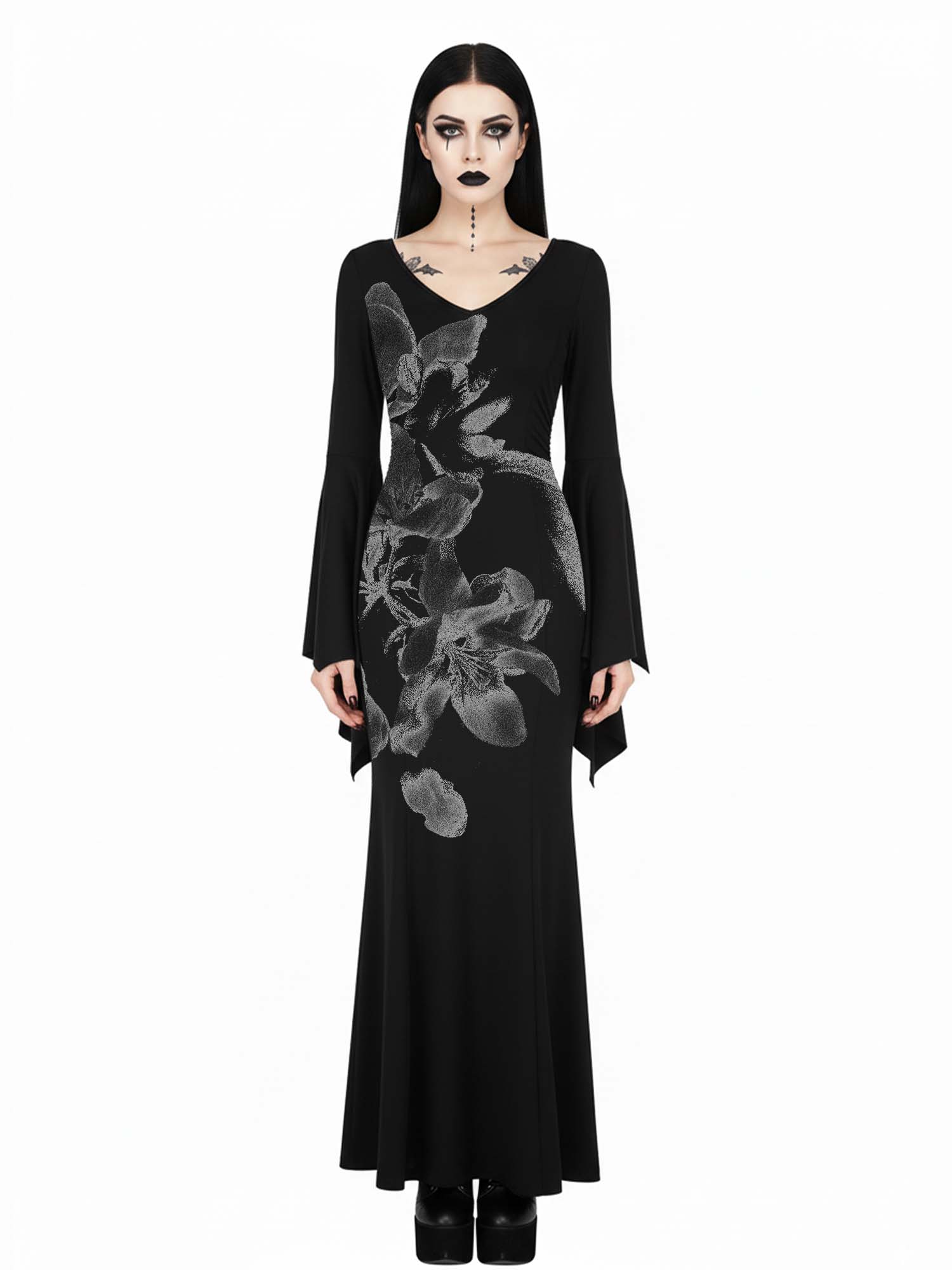 Gothic Vintage Flower Print Batwing Maxi Dress