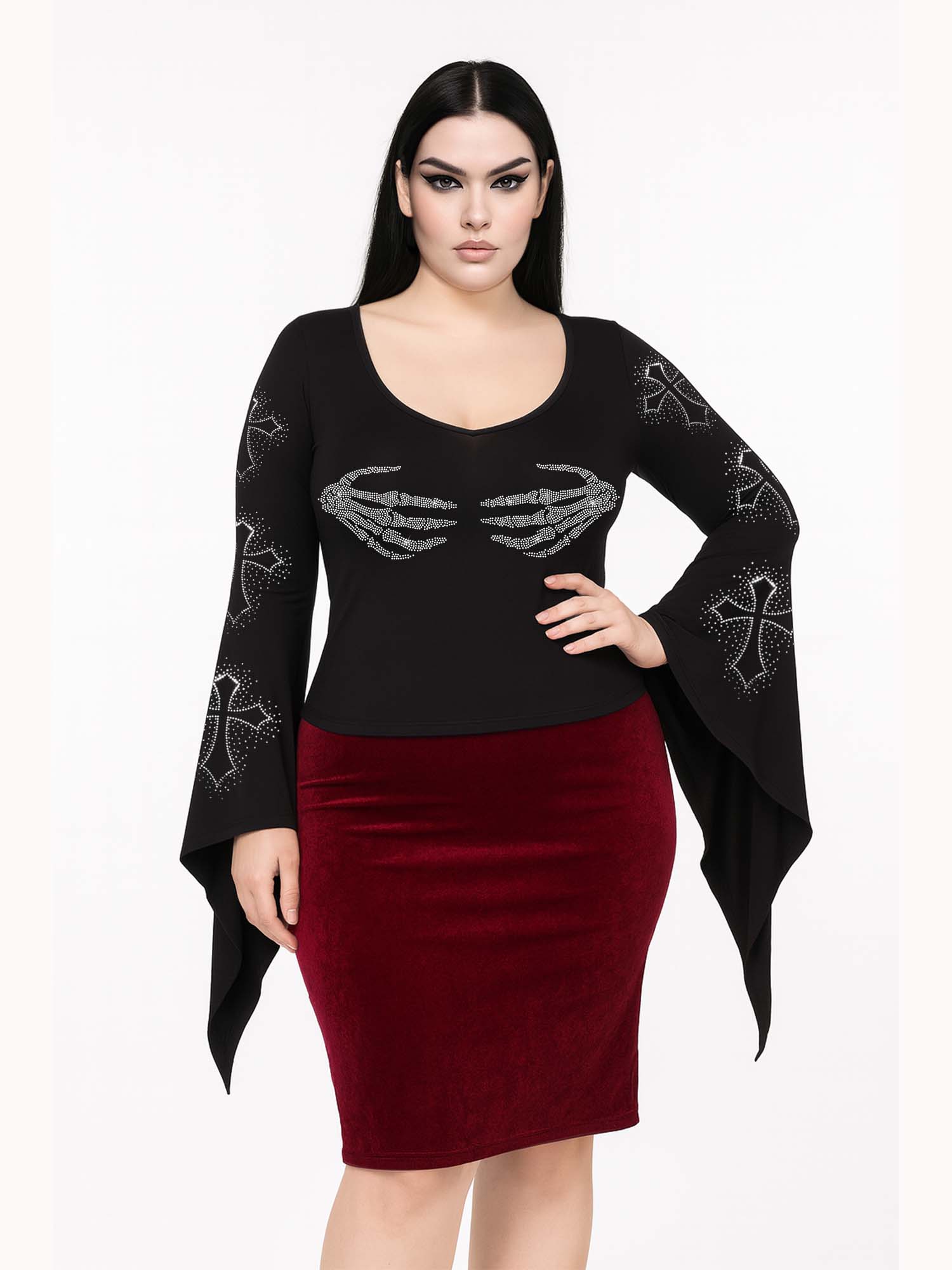 【Plus Size】Skeleton Hand And Cross Print Batwing Shirt