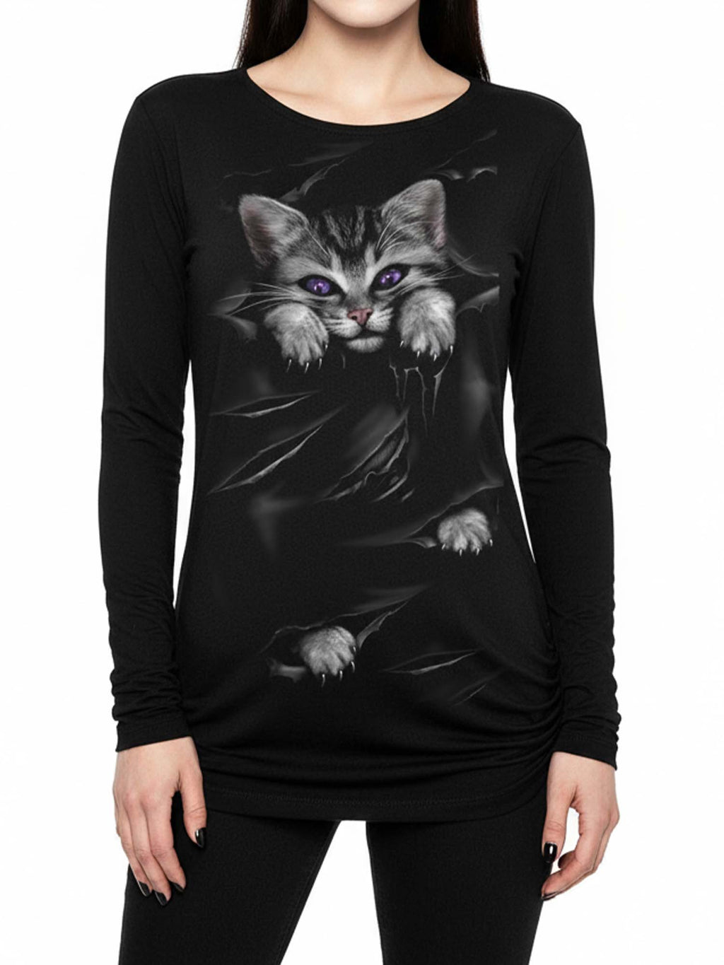 Black Cat Print Batwing Shirt