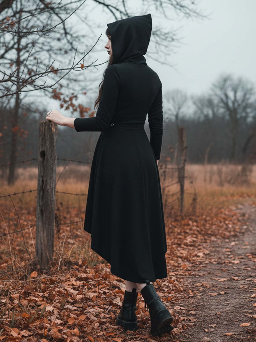 Dark Pointed Hat Eyelet Cross Strap Long Sleeve Dress