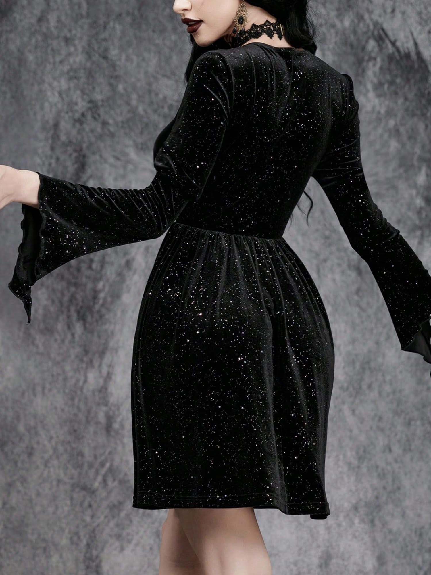 Dark Retro Velvet Elegant V-Neck Waist Long Sleeve Dress