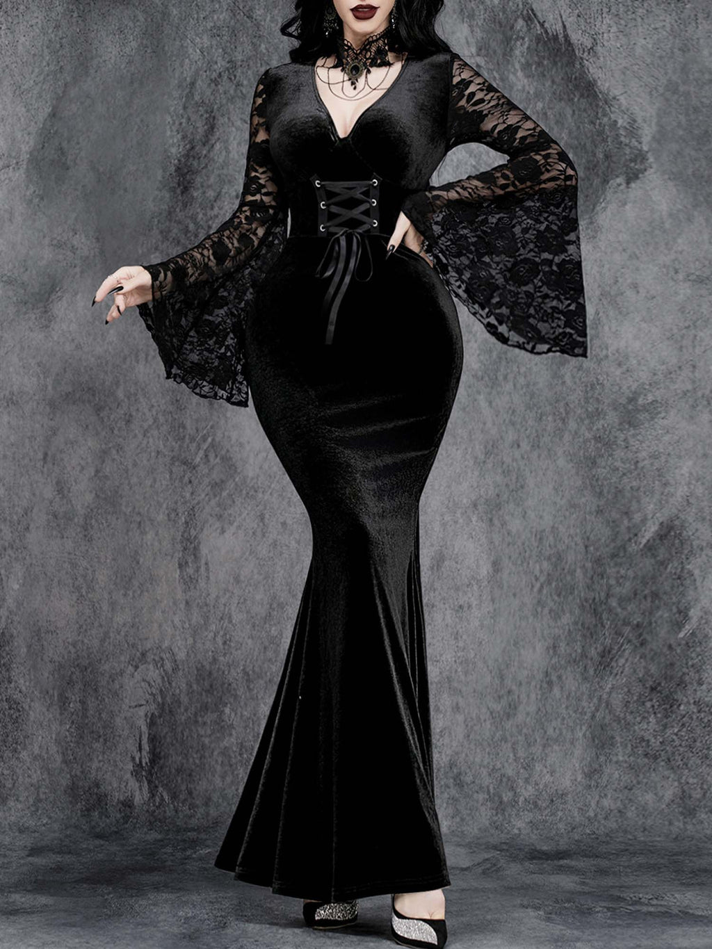 Halloween Dark Lace Trumpet Sleeve Dress