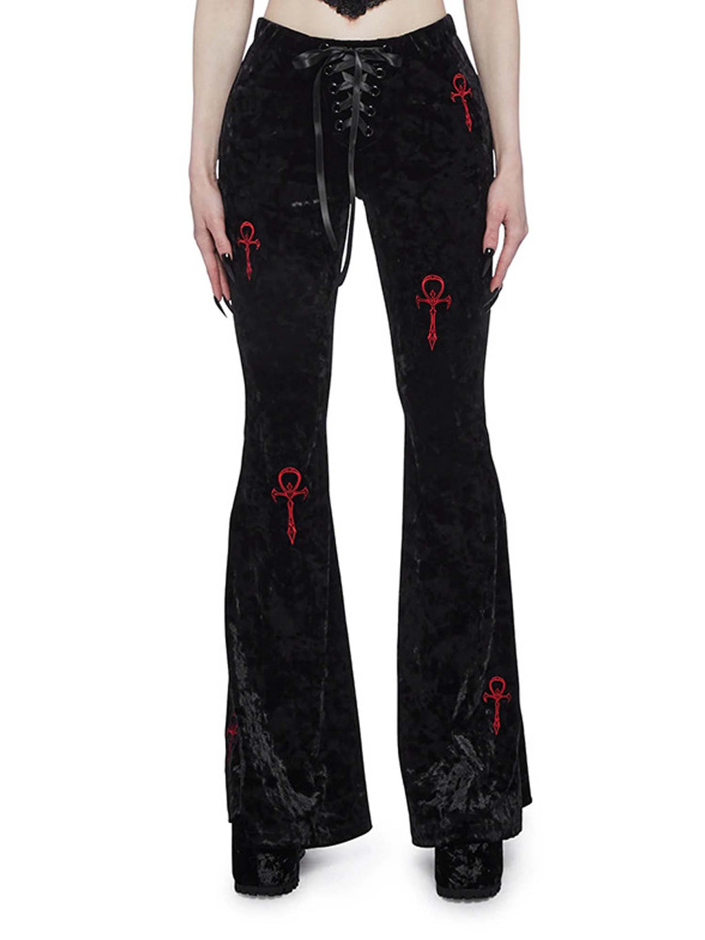 Gothic Cross Embroidered Flared Pants