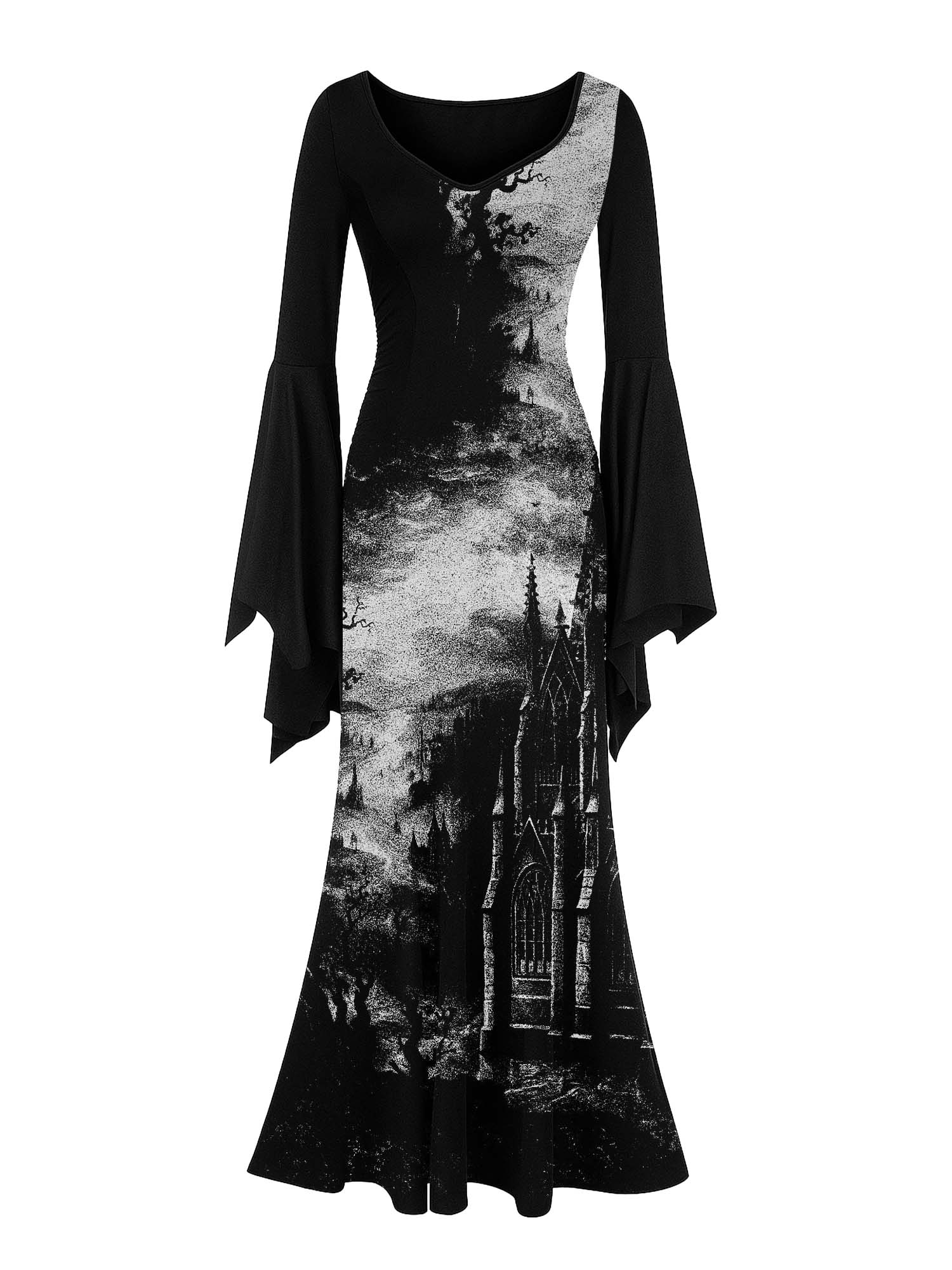Maxikleid mit Fledermausärmeln und Gothic-Waldschloss-Print