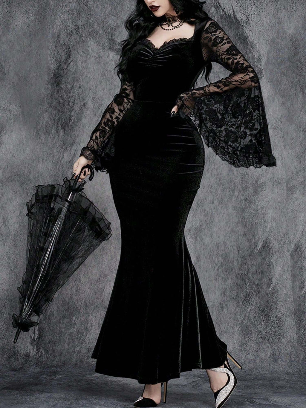 Halloween Gothic Lace Patchwork Waist Bell Sleeve Dress