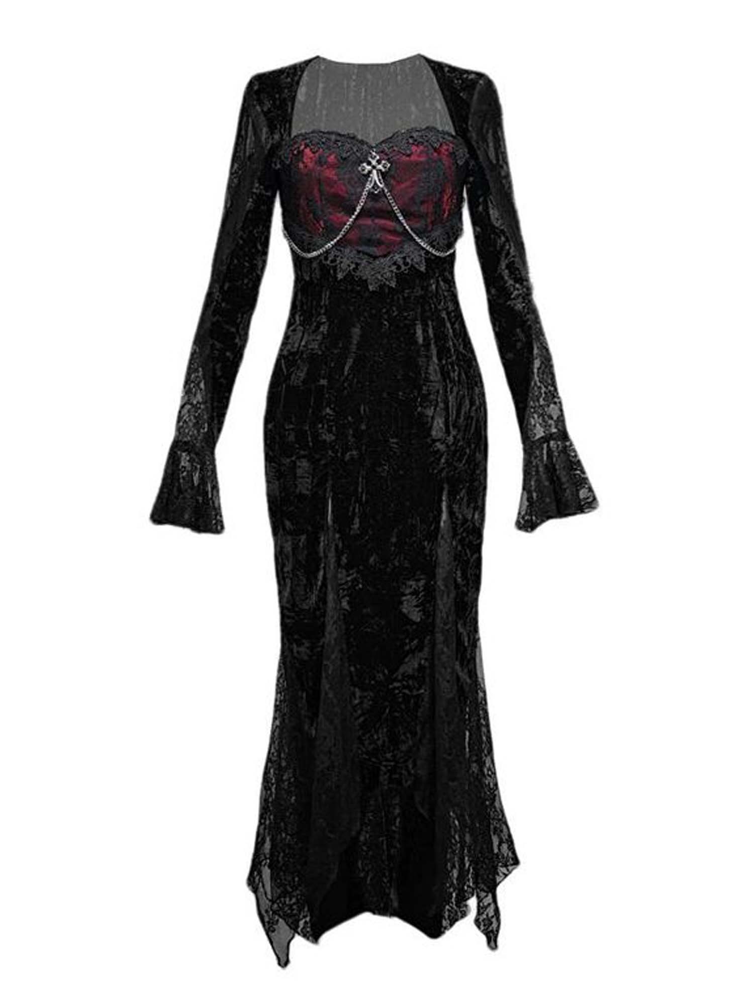Dark Style Hip-Hugging Slit Lace Sleeve Dress