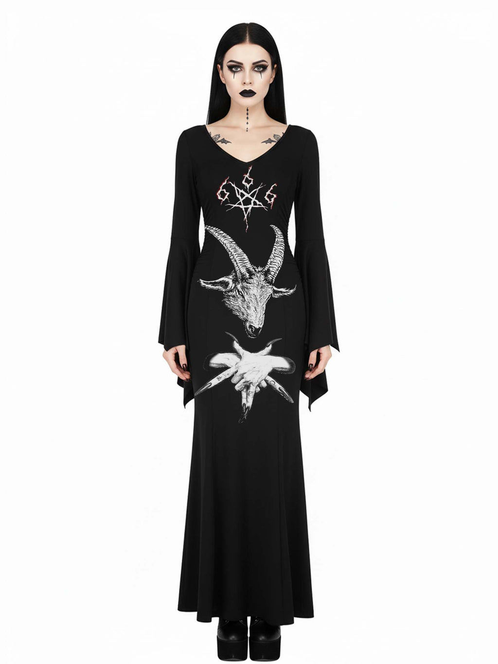 Dark Baphomet Goat Horn Print Batwing Maxi Dress