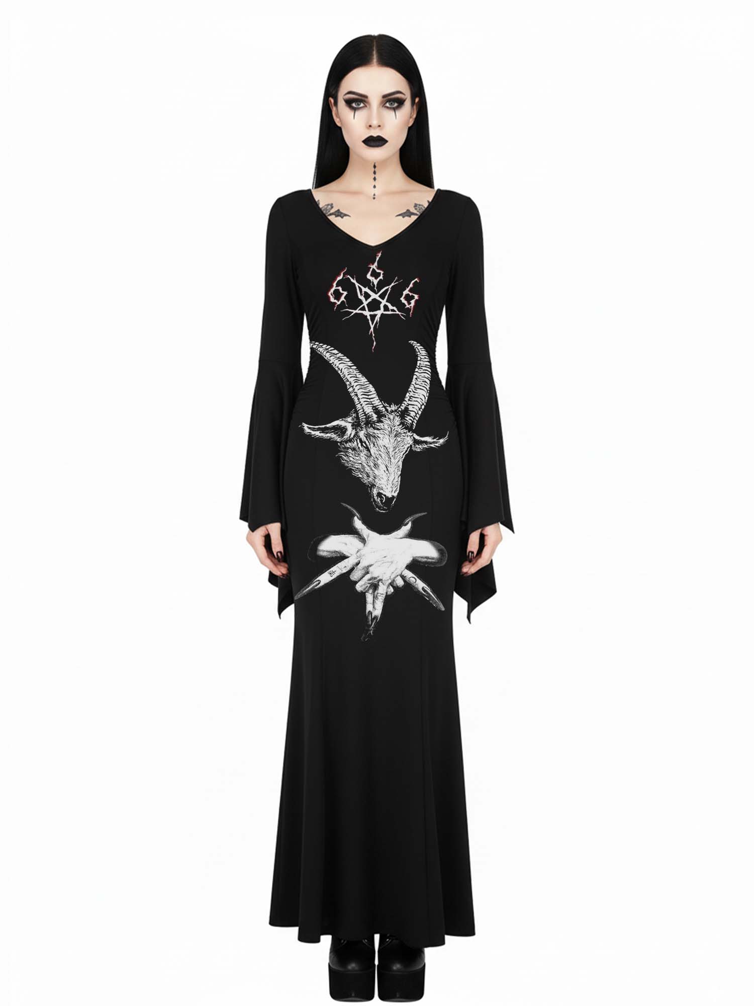 Dark Baphomet Goat Horn Print Batwing Maxi Dress