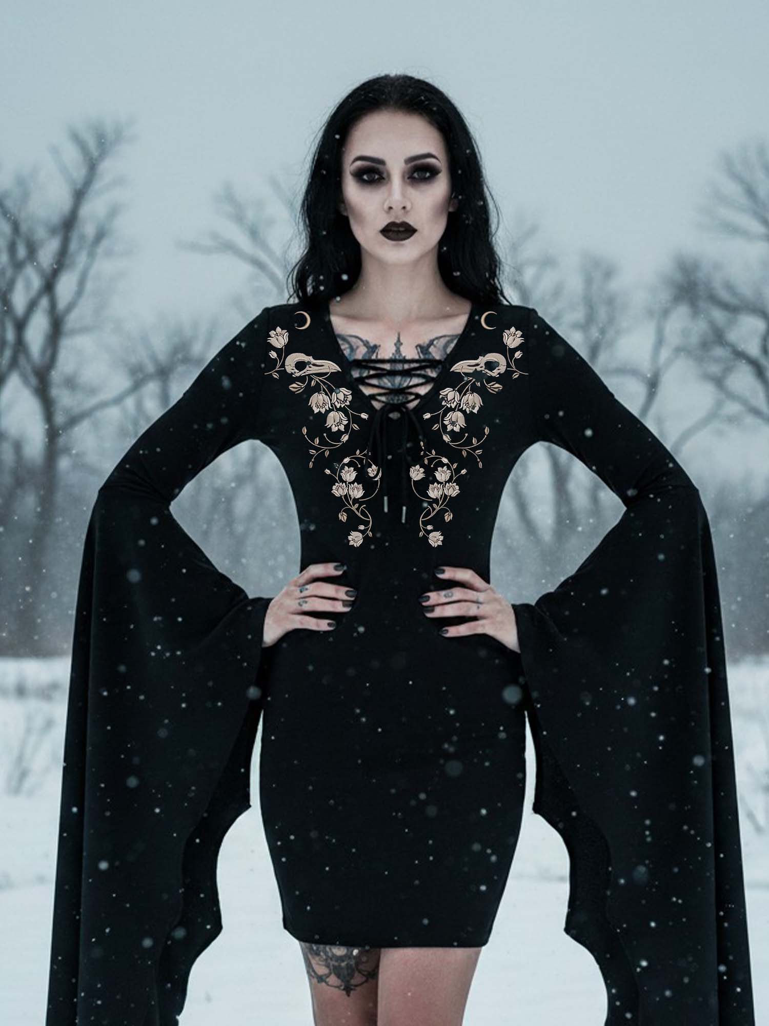 Crow Skull And FLower Print Batwing Dress