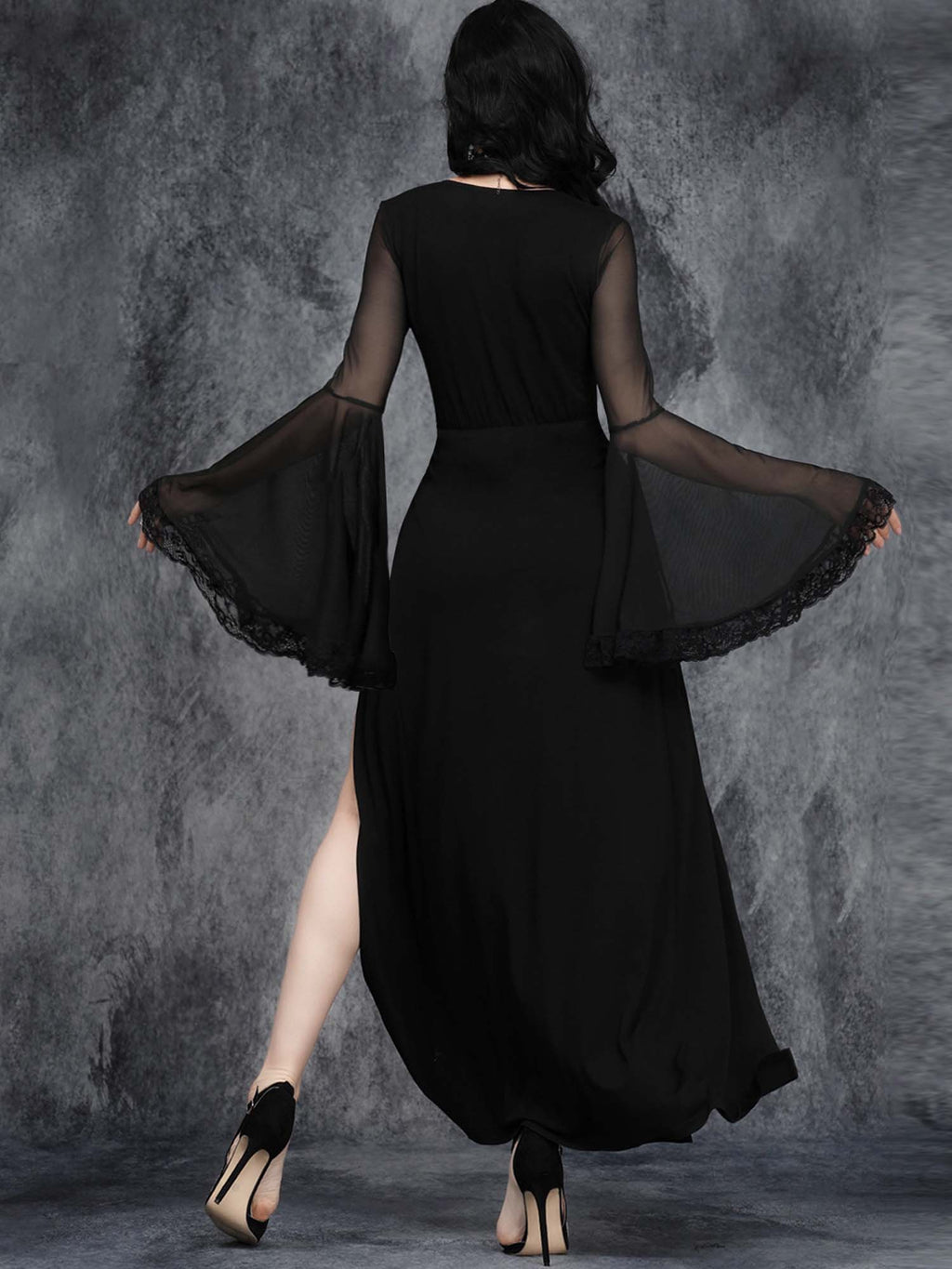 Gothic Dark Slit Trumpet Sleeve Lace Patchwork Dress