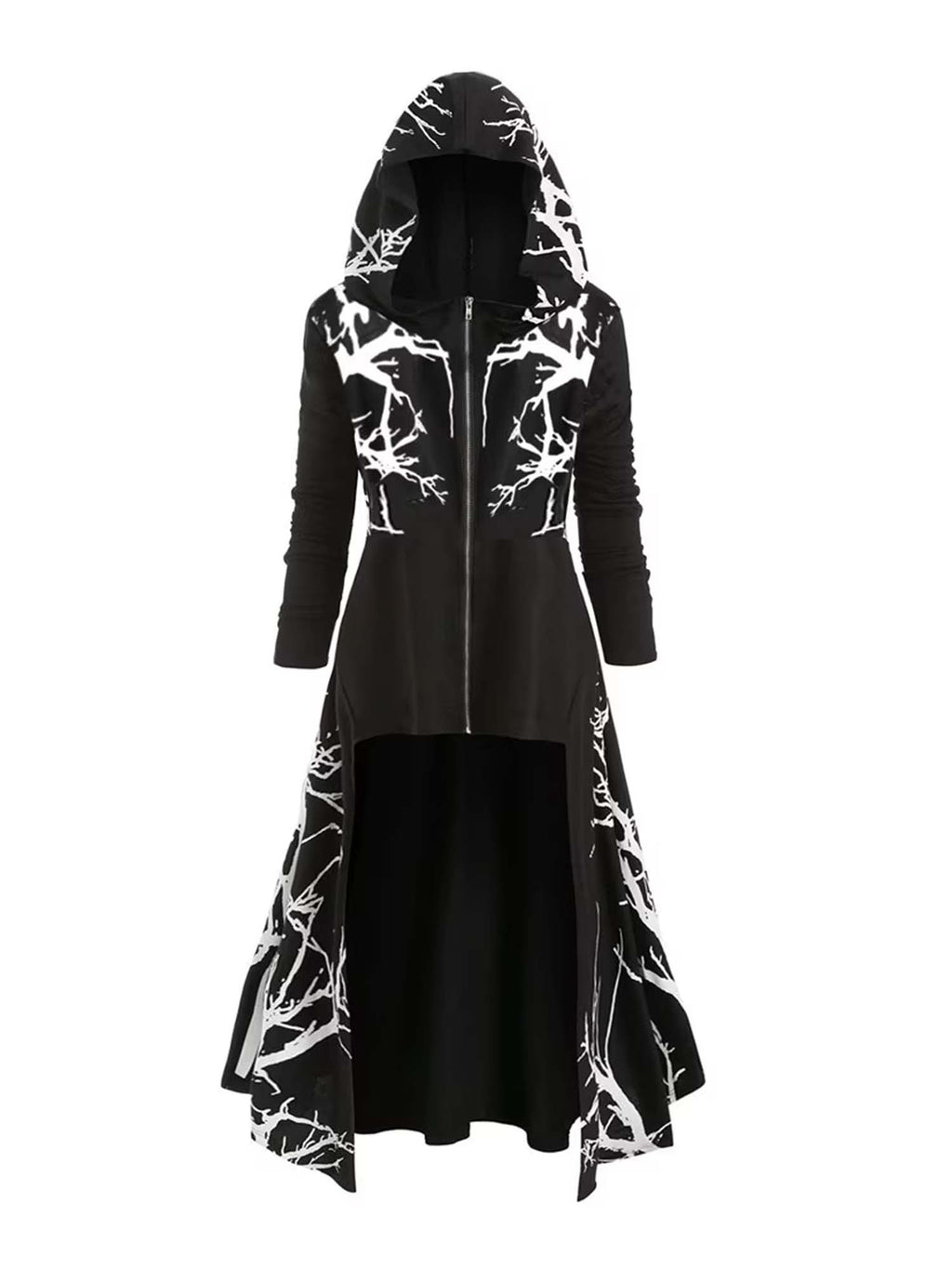 Cape With Hood And Irregular Hem Print Long-Sleeved Coat