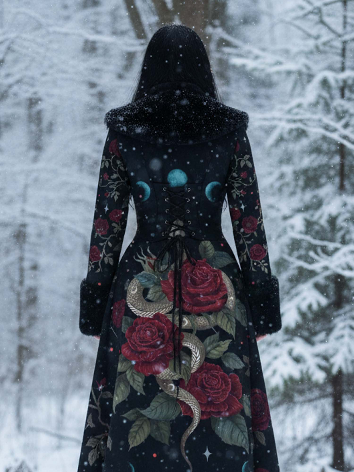 Vintage Floral And Snake Print Gothic Vintage Fur Collar Single-Breasted Lace-Up Coat