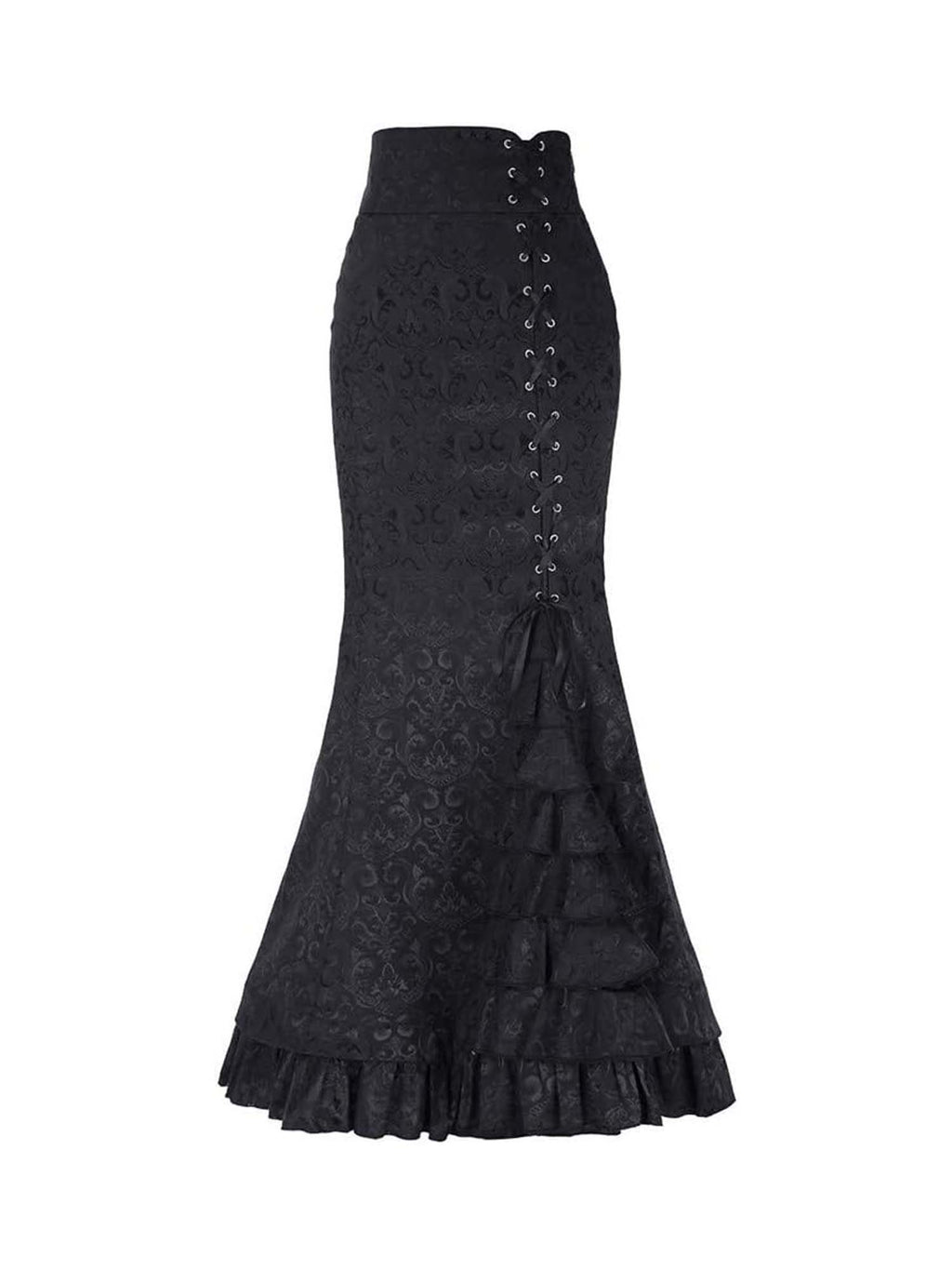 Gothic Style Dark Jacquard Long Skirt Lace-Up Hip Fishtail Skirt