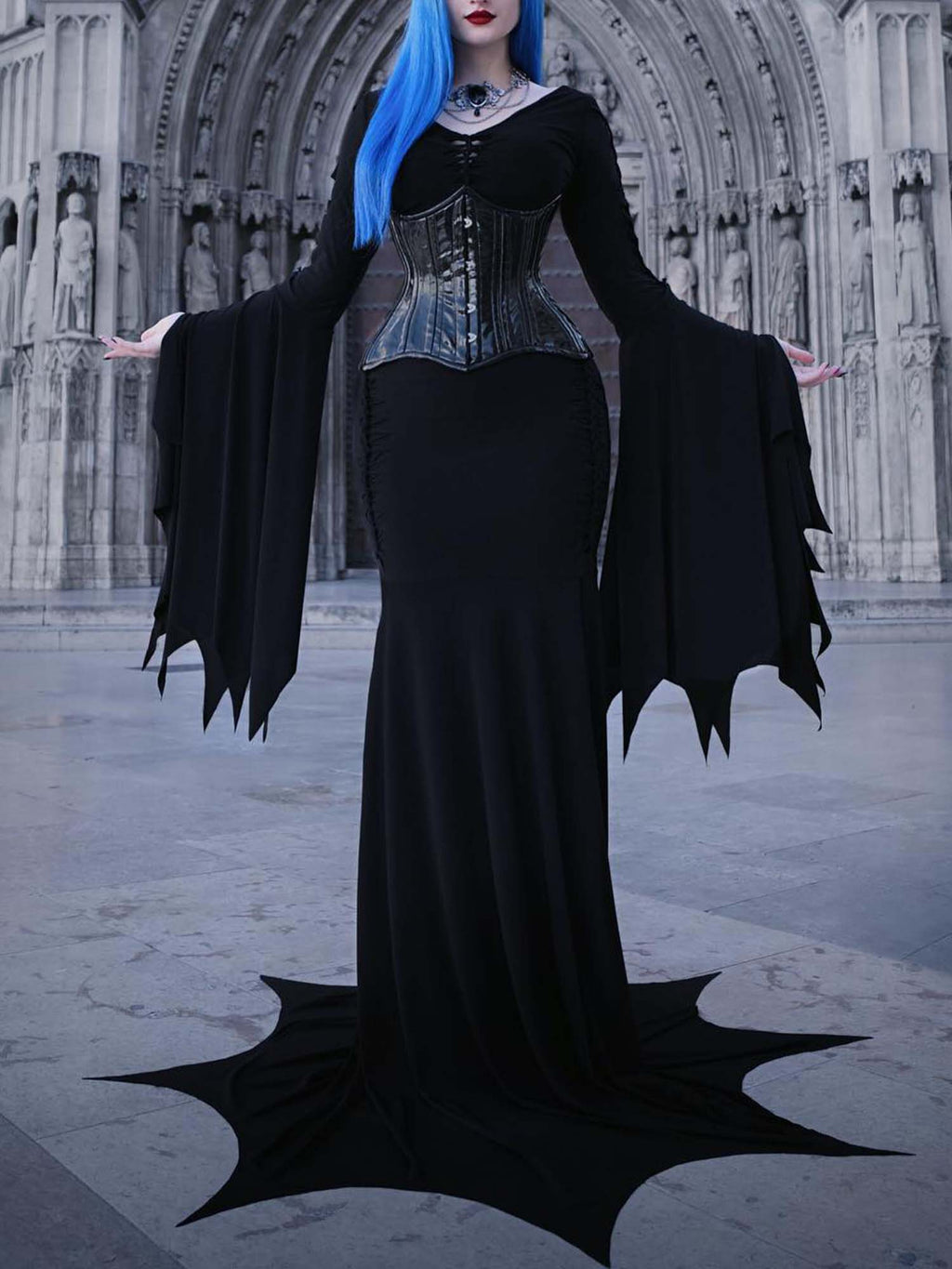 Halloween Hexenkleid mit Fledermausärmeln und Fischschwanz
