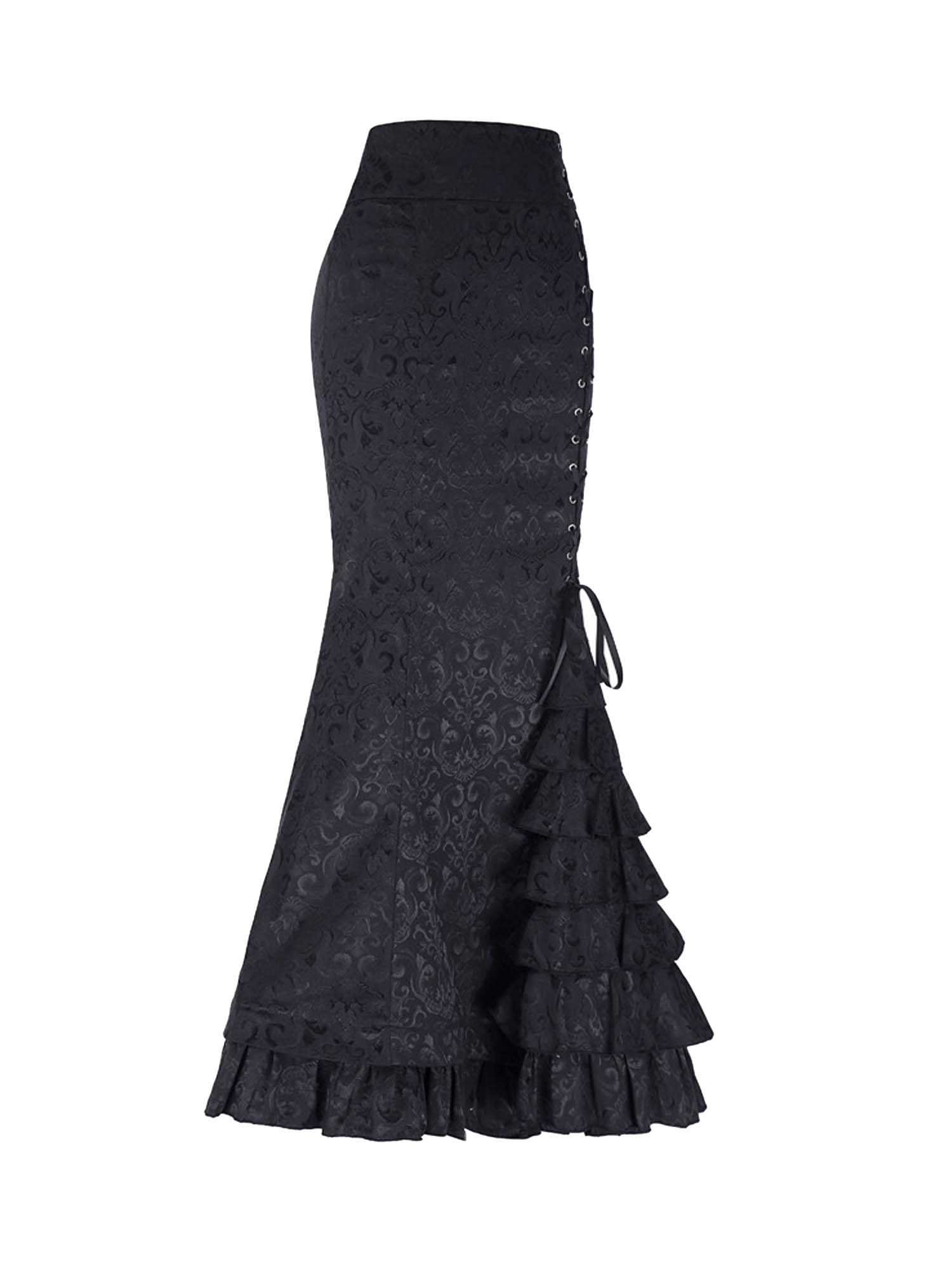 Gothic Style Dark Jacquard Long Skirt Lace-Up Hip Fishtail Skirt
