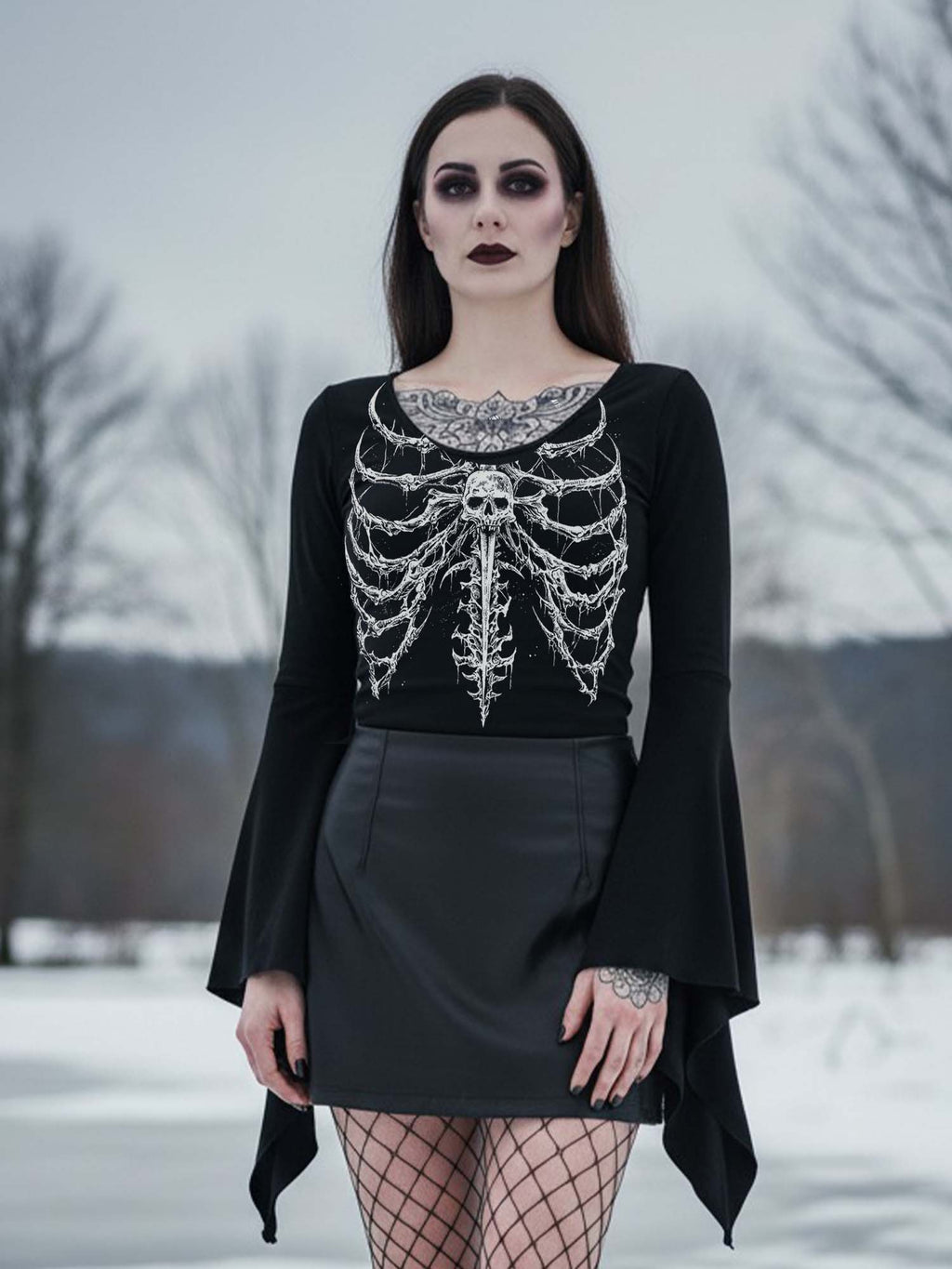 Rib Skeleton Print Batwing Shirt