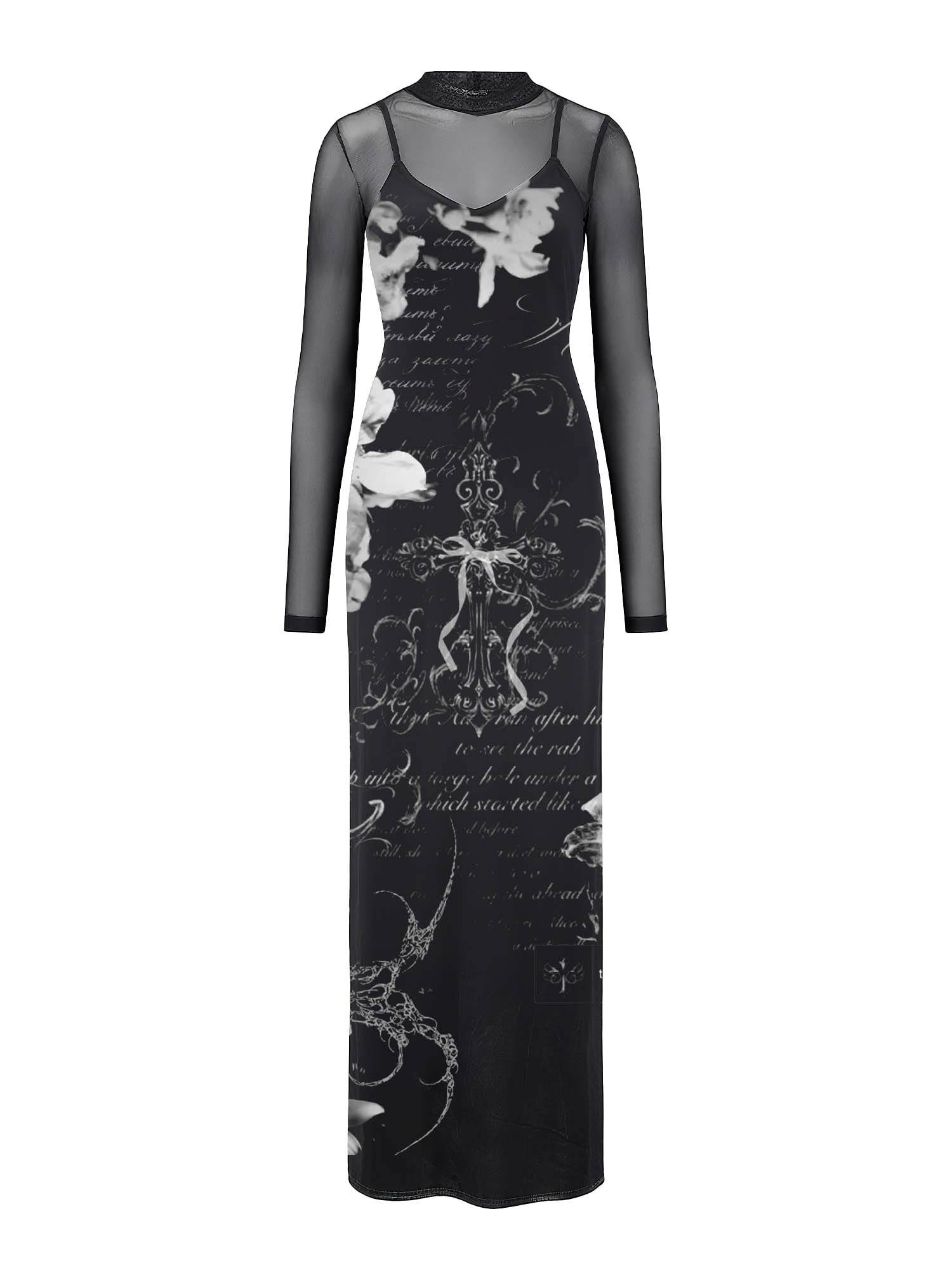 Gothic Cross And Flower Print Maxi Veilbound Dress