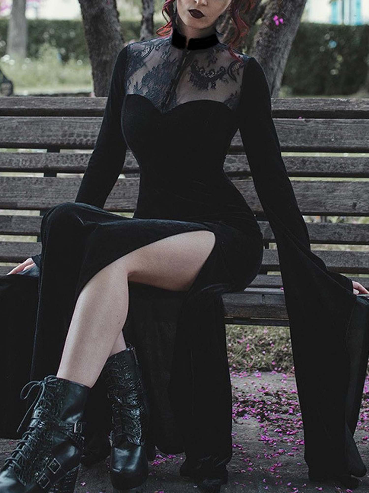 Gothic Witch Lace Hollow Batwing Maxi Dress