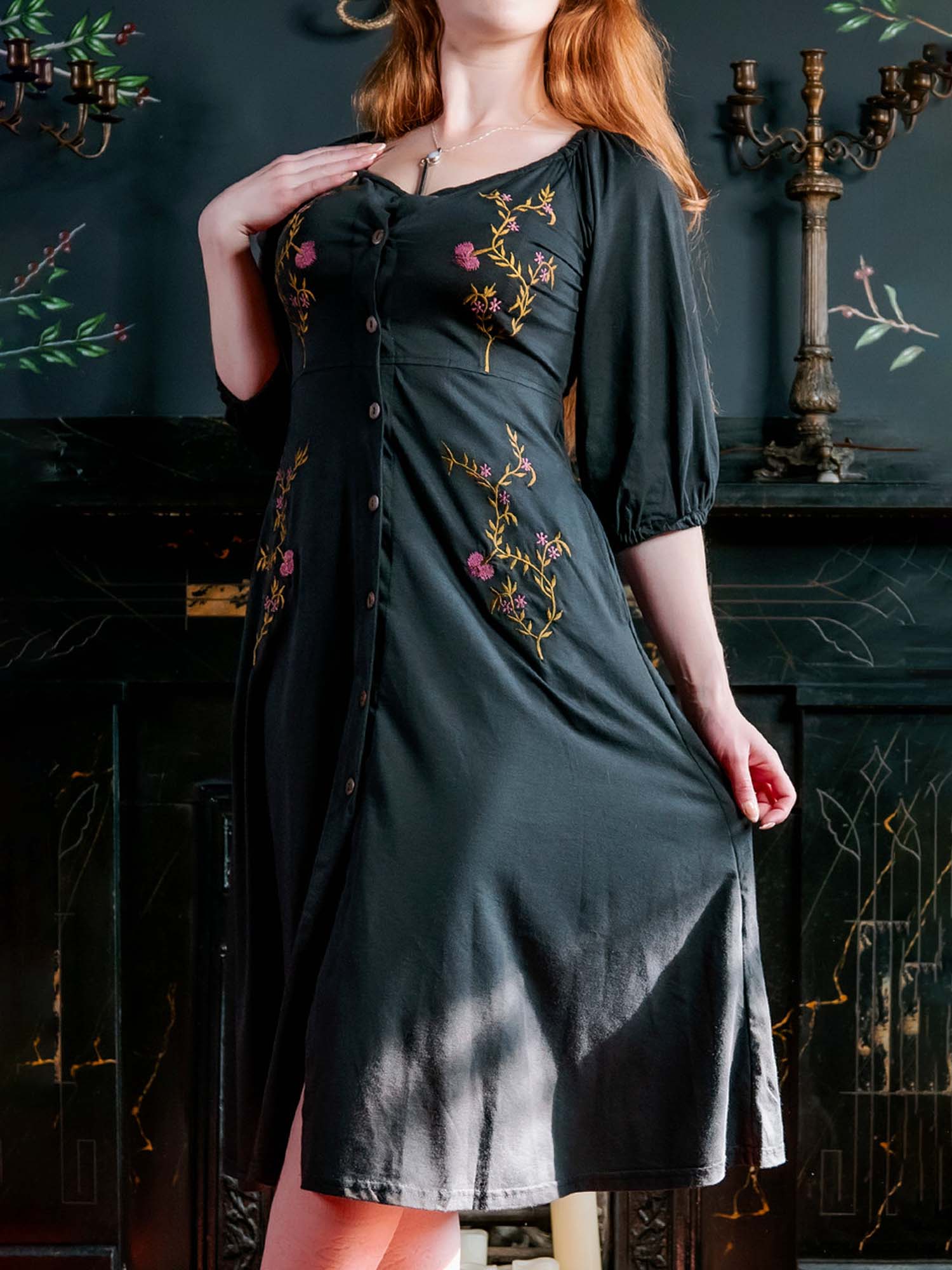 Mums Flower Vines With Mid-Length Sleeves V-Neck Dress