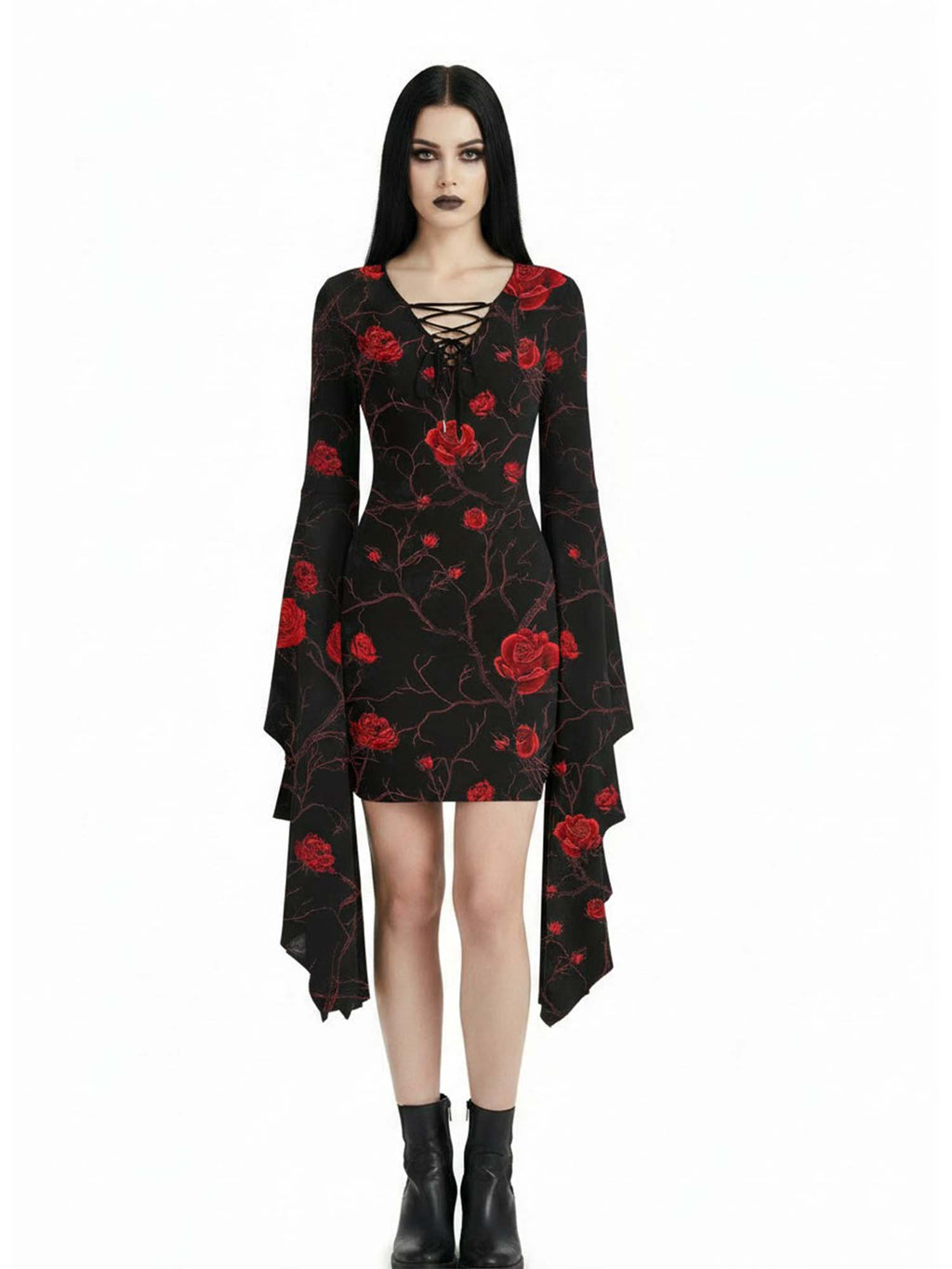 Red Rose Print Batwing Dress
