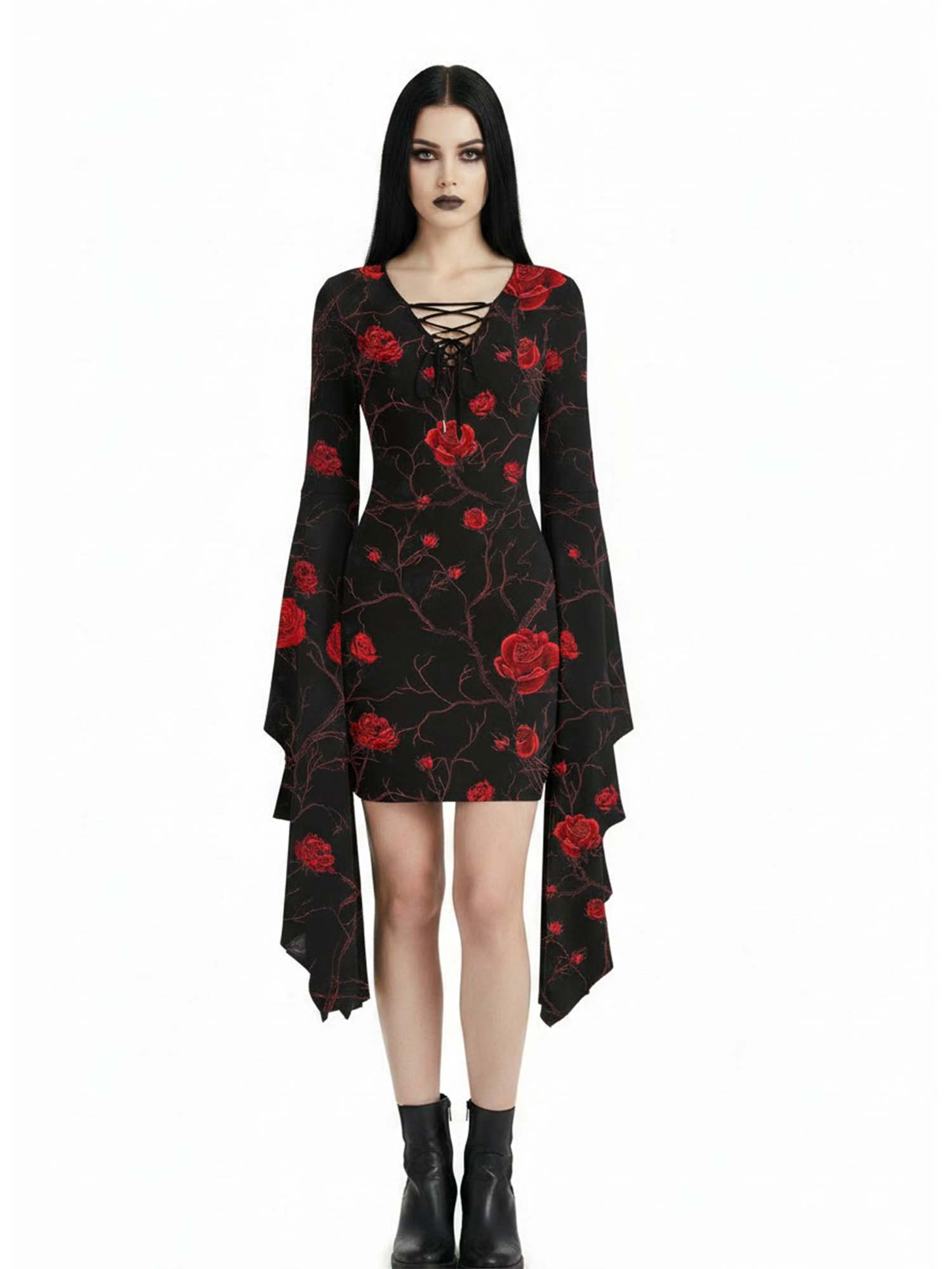 Red Rose Print Batwing Dress
