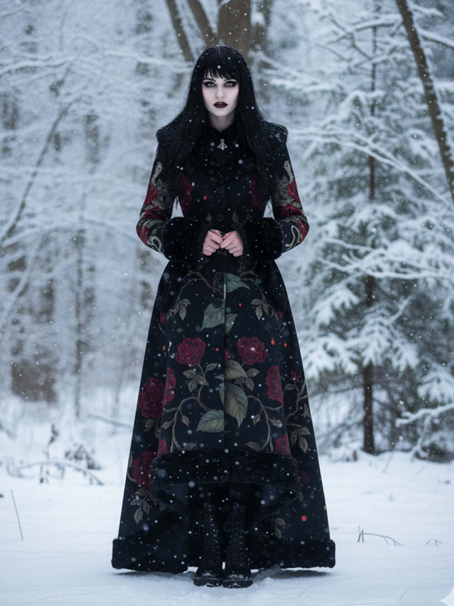 Vintage Floral And Snake Print Gothic Vintage Fur Collar Single-Breasted Lace-Up Coat