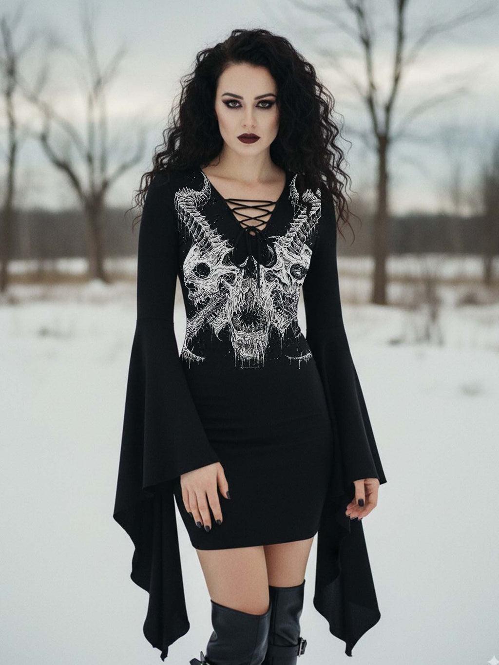 Devil's Horns Print Batwing Dress