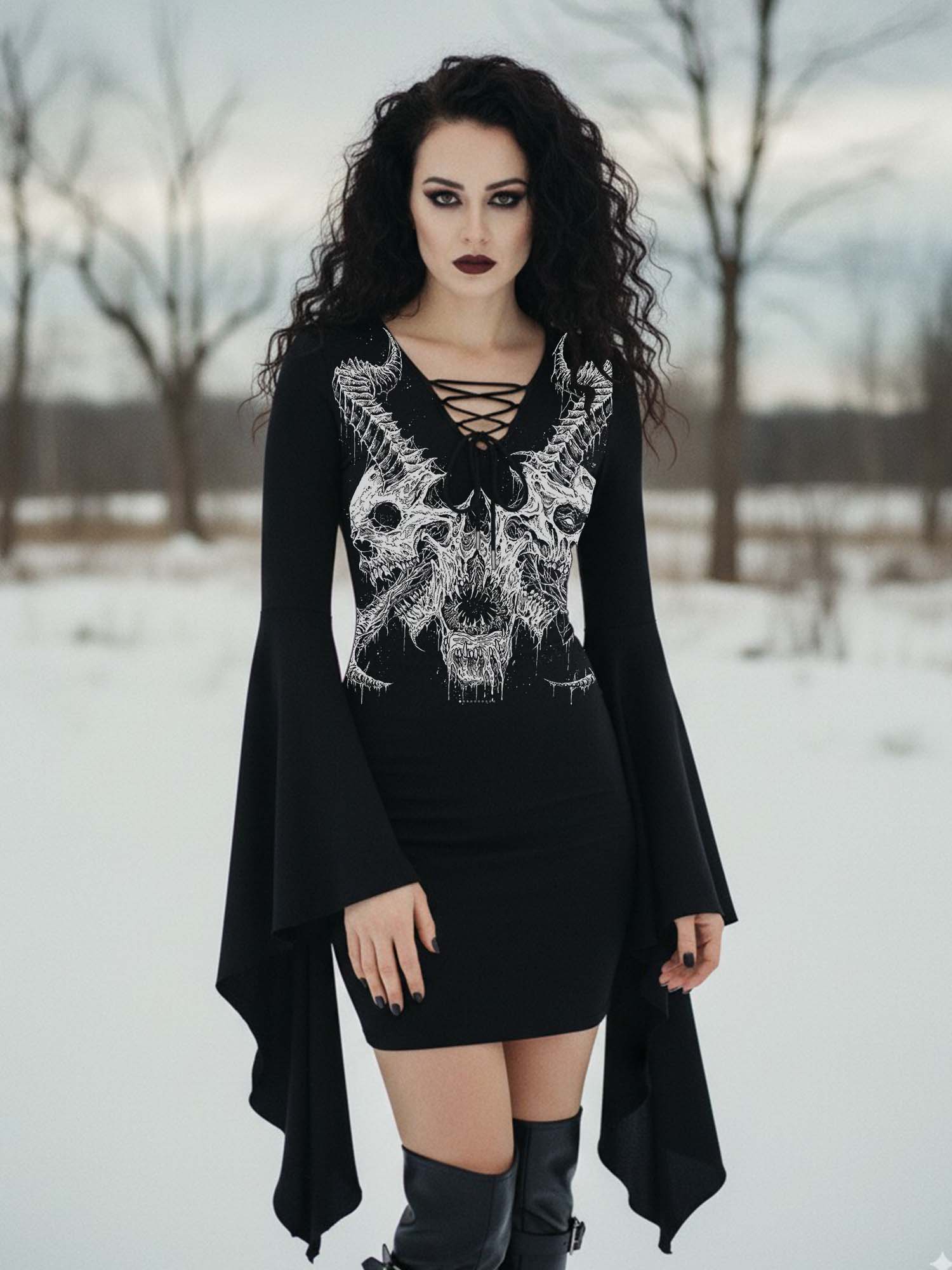 Devil's Horns Print Batwing Dress