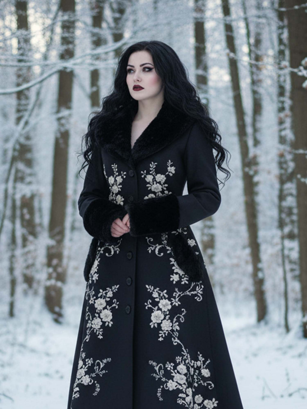 Floral Print Gothic Vintage Fur Collar Single-Breasted Lace-Up Coat