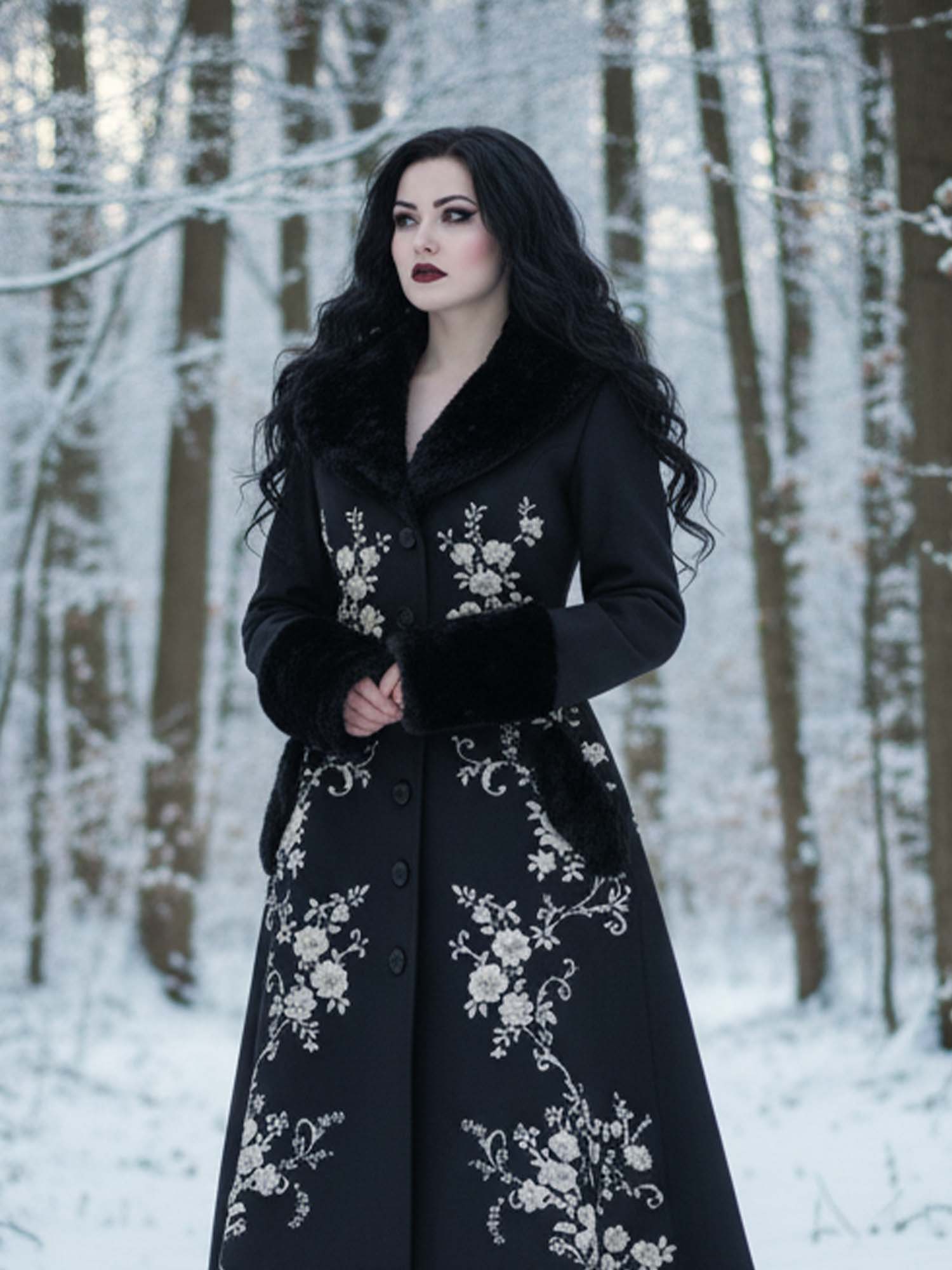 Floral Print Gothic Vintage Fur Collar Single-Breasted Lace-Up Coat