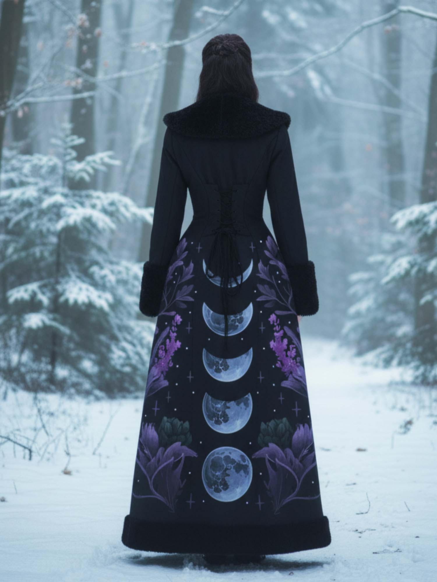 Vintage Floral And Moon Print Gothic Vintage Fur Collar Single-Breasted Lace-Up Coat